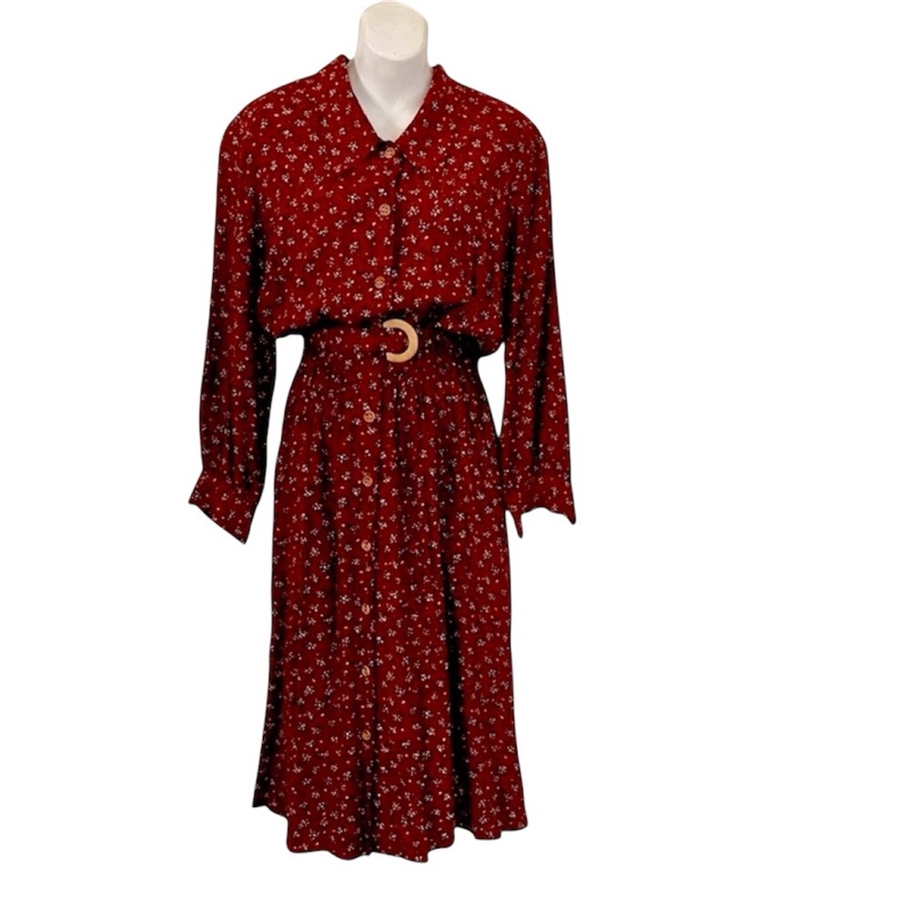 Liz Claiborne Vintage Elizabeth 90s Dark Red Floral Button Long Sleeve Dress XL